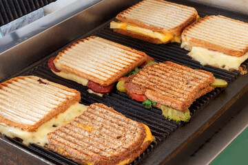 Toasted sandwiches with melting cheese on toaster or grill.
