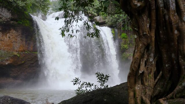 4K slow-motion footage of Haew Suwat Waterfall in Khao Yai National park in Nakhon Ratchasima province, Thailand.