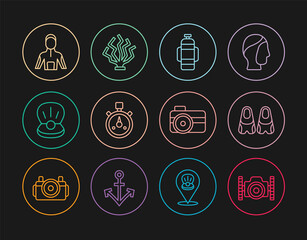 Set line Photo camera for diver, Flippers swimming, Aqualung, Stopwatch, Pearl, Wetsuit scuba diving, and Coral icon. Vector