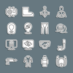 Set line Diving mask with snorkel, Snorkel, Scallop sea shell, Anchor, Flippers for swimming, Life jacket, Photo camera diver and Wetsuit scuba diving icon. Vector