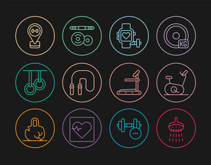Set line Shower, Stationary bicycle, Smart watch with heart, Jump rope, Gymnastic rings, Location gym, Treadmill machine and Barbell icon. Vector