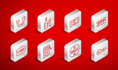 Set line Old key, Champagne bottle with glass, Stacks paper money cash, Lottery ticket, Bingo, Horseshoe, Slot machine and Money prize casino icon. Vector