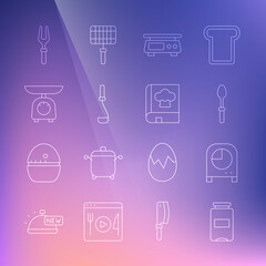 Set line Jam jar, Kitchen timer, Teaspoon, Electronic scales, ladle, Scales, Barbecue fork and Cookbook icon. Vector
