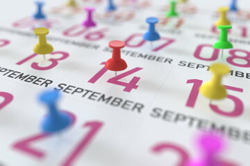 September 14 date and push pin on a calendar, 3D rendering