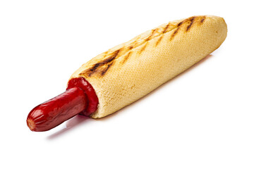 French hot dog with ketchup on white background