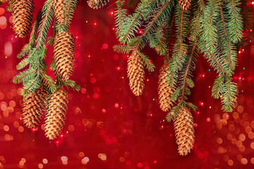 Festive Christmas card made from fir branches with big cones and bright shining lights of garlands on a red background. Place for your text. Natural Spruce branch with big cones in the home decoration