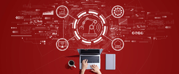 Obraz premium Smart industry concept with person working with a laptop