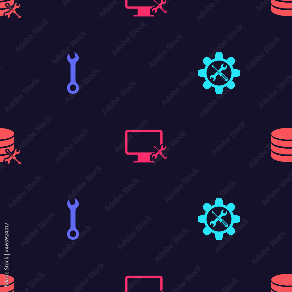 Poster set wrench and screwdriver in gear, , computer monitor service and database server on seamless patte