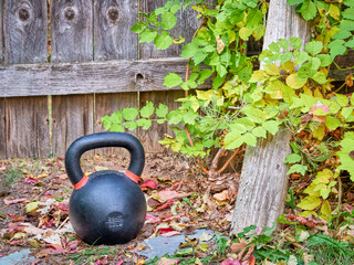 Naklejka na ściany i meble heavy iron kettlebell in a backyard - outdoor against rustic wooden gate, home fitness concept