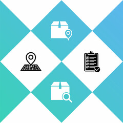Set Placeholder on map, Search package, Location with cardboard box and Verification of delivery list icon. Vector