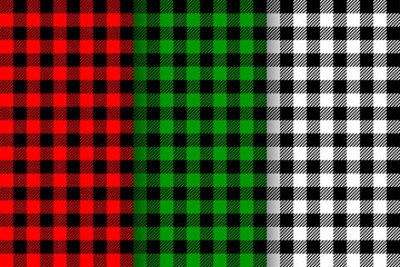 Buffalo plaid textures set. Christmas checkered lumberjack seamless patterns. Geometric fabric background for flannel shirt, picnic blanket, kitchen napkin, tweed coat. Vector flat illustration.