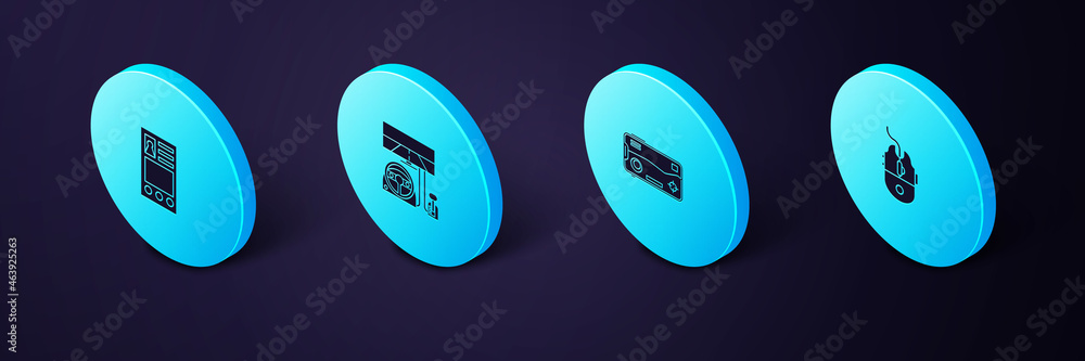 Poster set isometric computer mouse gaming, mobile and playing game, racing simulator cockpit and create ac