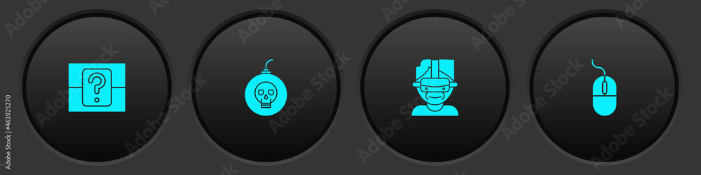 Poster set mystery or random box, bomb ready to explode, virtual reality glasses and computer mouse icon. v