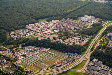 Scenic view on south western part of Lazdynai Bukciai district in Vilnius capital of Lithuania from hot air balloon. Cityscape view from the sky