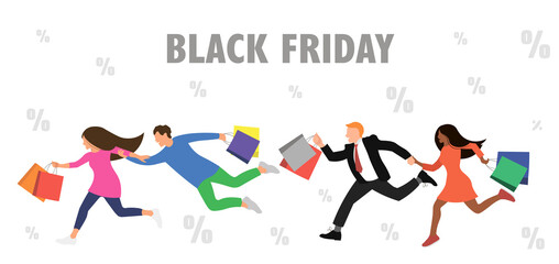 Purchases and discounts. Buyers - Men and Women - Run to the sale for shopping.  Holiday sale. Vector illustration with floating point.