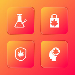 Set Glass bong for smoking cannabis, Shopping paper bag of marijuana, Shield and leaf and Head with icon. Vector