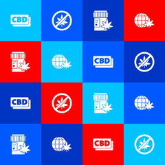 Set Cannabis molecule, Stop marijuana or cannabis leaf, Medical bottle with and Legalize globe icon. Vector
