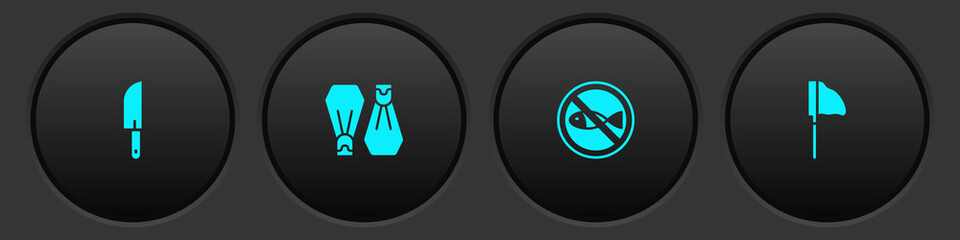 Set Knife, Rubber flippers for swimming, No fishing and Fishing net with icon. Vector © vector_v
