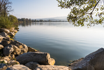 View of Sempachersee (Lake Sempach) at sunset, canton of Lucerne, Switzerland