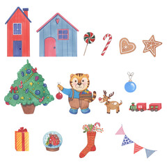 Christmas watercolor tiger,green Christmas tree, candy, lollypop,winter houses, fir tree and gifts. New Year set. 