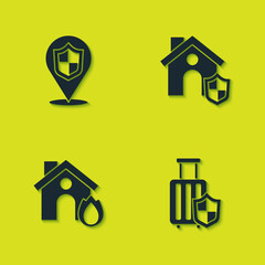 Set Location shield, Travel suitcase with, Fire in burning house and House icon. Vector