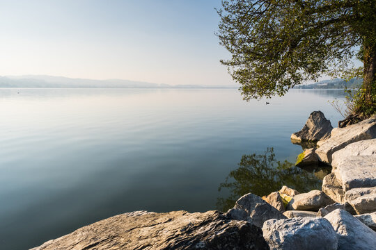 View of Sempachersee (Lake Sempach) at sunset, canton of Lucerne, Switzerland