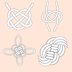 A set of black and white rope knots of various shapes
