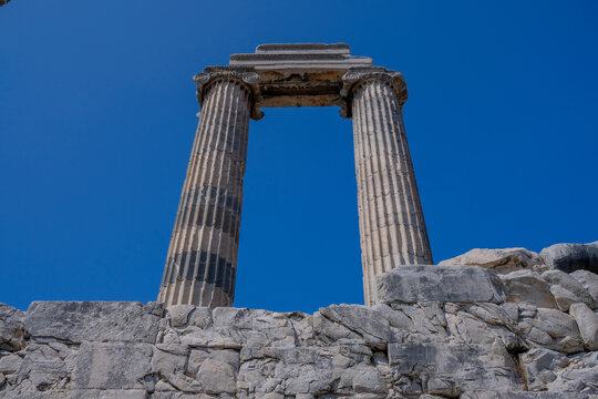 View of Temple of Apollo in antique city of Didyma Aydin, Turkey.