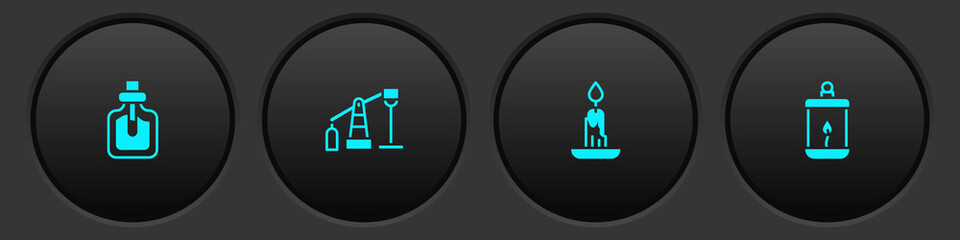 Set Perfume, Oil pump or pump jack, Burning candle and Ramadan Kareem lantern icon. Vector