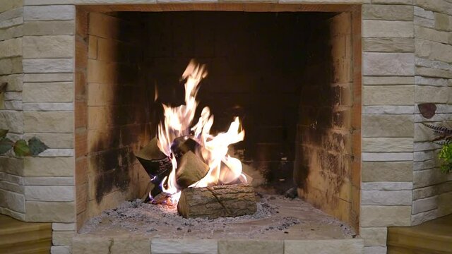 Firewood burning in the fireplace. A blazing fire inside the stove. Beautiful burning of palen