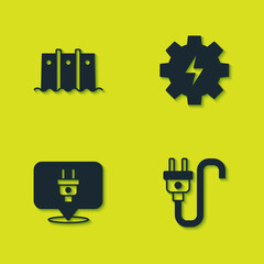 Set Hydroelectric dam, Electric plug, and Gear and lightning icon. Vector