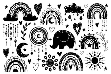 Vector hand drawn boho clipart with rainbows, sun, moon, elephant