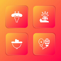 Set Sausage on the fork, Statue of Liberty, Western cowboy hat and Balloons icon. Vector
