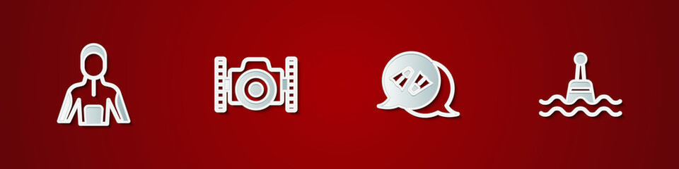 Set Wetsuit for scuba diving, Photo camera diver, Flippers swimming and Floating buoy icon. Vector