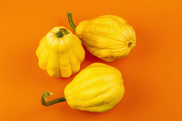 Ripe yellow pumpkins isolated on bright orange background