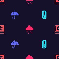 Set Thermometer, Umbrella, Cloud with rain and Herbarium on seamless pattern. Vector