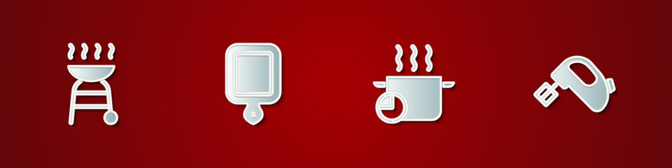 Set Barbecue grill, Cutting board, Cooking pot and Electric mixer icon. Vector