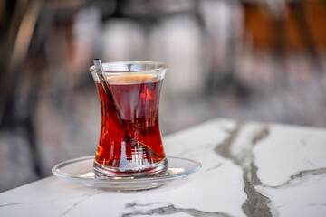 Traditional Turkish Tea on Marble Table.