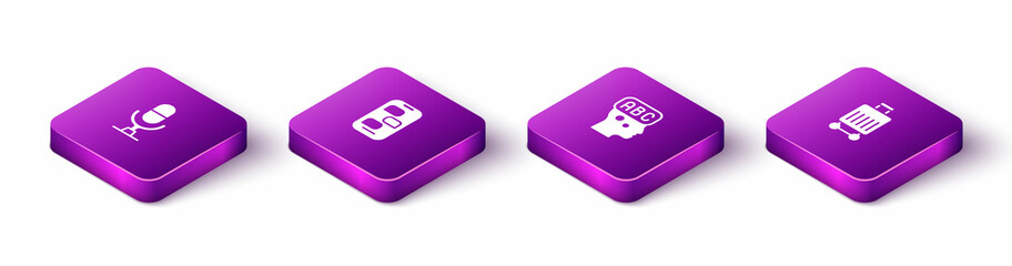 Set Isometric Microphone voice device, New chat messages notification, Learning foreign languages and Suitcase icon. Vector