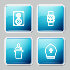 Set line Stereo speaker, Smart watch heart beat rate, Speaker and Pope hat icon. Vector