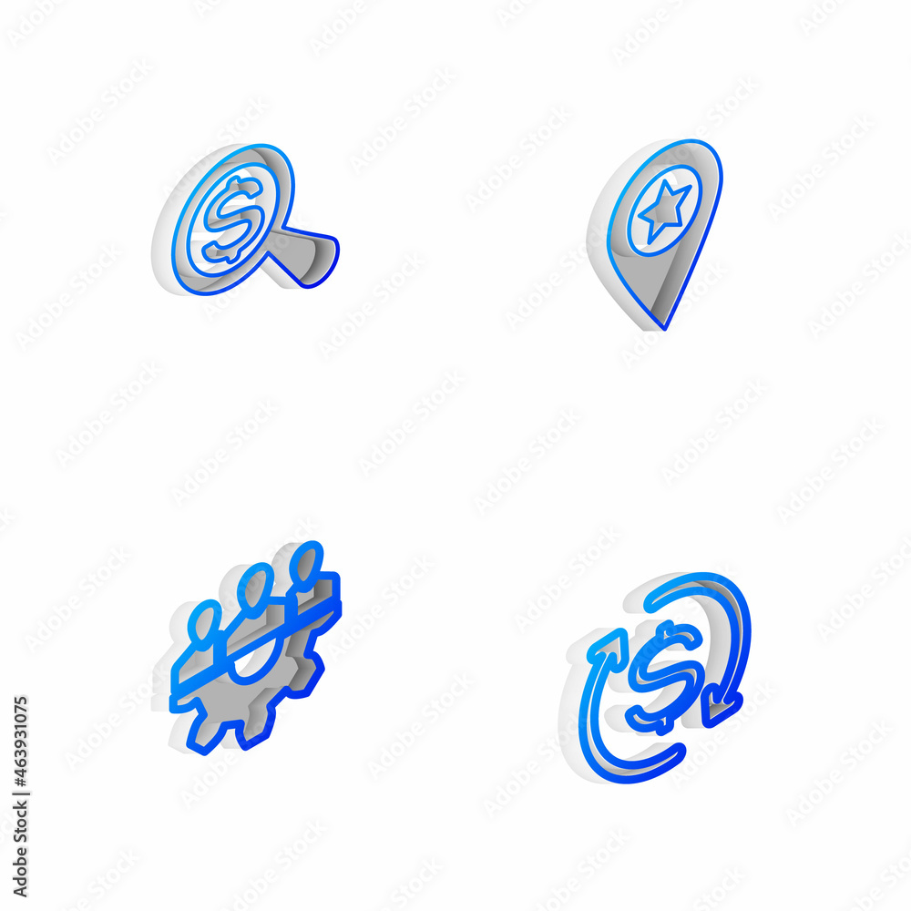 Poster set isometric line location with star, magnifying glass and dollar, project team base and return of 