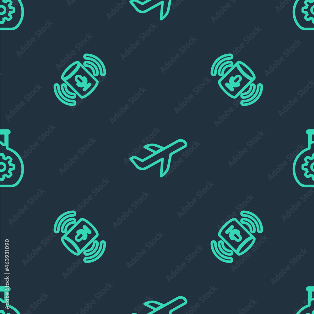 Poster set line plane, voice assistant and bioengineering on seamless pattern. vector