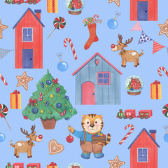 Christmas watercolor tiger,green Christmas tree, candy, lollypop,winter houses, fir tree and gifts. New Year seamles pattern.  