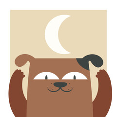 Dog with crescent moon. Funny pet in flat style