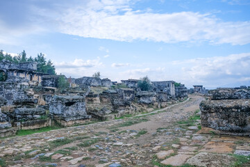 Fototapeta na wymiar Title: Roman gladiator tombs found in ancient city ruins of Hierapolis, Pamukkale, Denizli, Turkey
