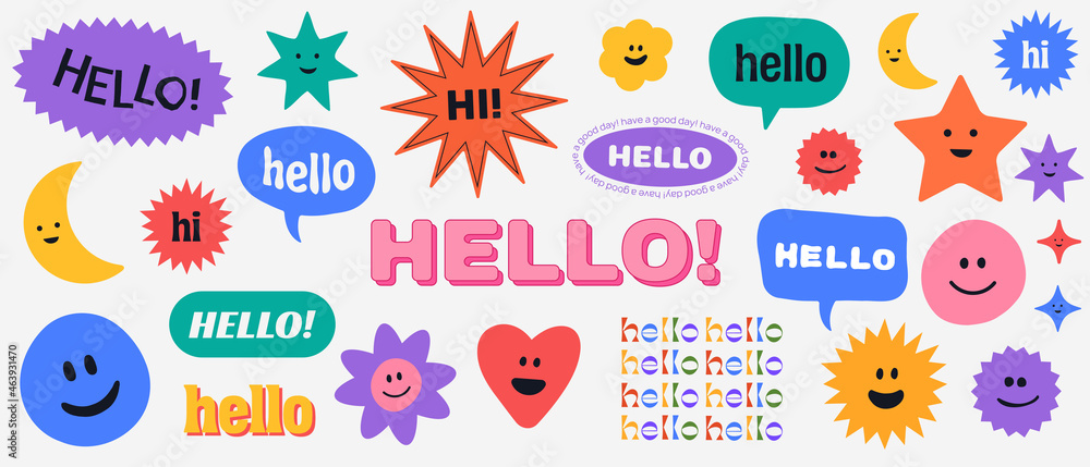 Aufkleber cool trendy abstract background with stickers, pins, patches and badges. hello banner vector illustr
