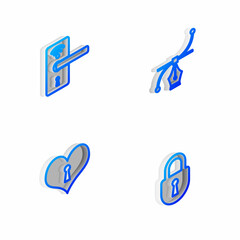 Set Isometric line Bezier curve, Digital door lock with wireless, Heart keyhole and Lock icon. Vector
