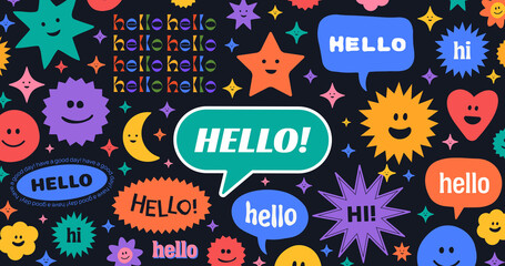 Cool Trendy Abstract Background with Stickers, Pins, Patches and Badges. Hello Banner Vector Illustration. Funny Comic Emoji Shapes. Cool Cute Faces. - obrazy, fototapety, plakaty