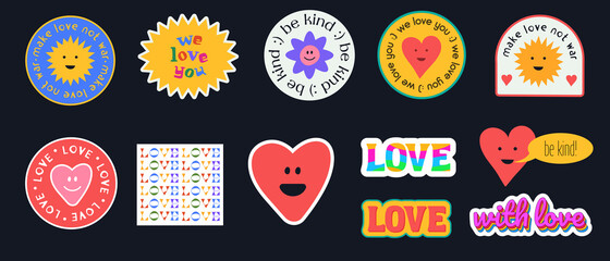 Set of Cute Stickers, Pinks, Patches and Labels. Cool Trendy Abstract Funny Comic Faces. Love lettering. - obrazy, fototapety, plakaty