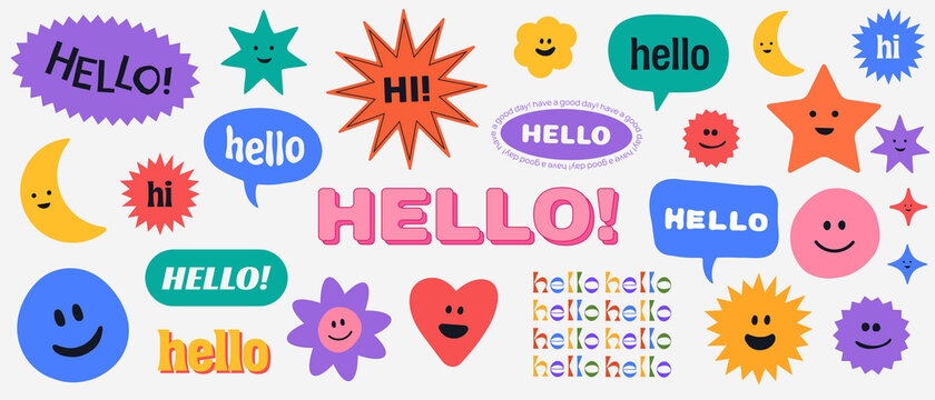 Cool Trendy Abstract Background with Stickers, Pins, Patches and Badges. Hello Banner Vector Illustration. Funny Comic Emoji Shapes. Cool Cute Faces.